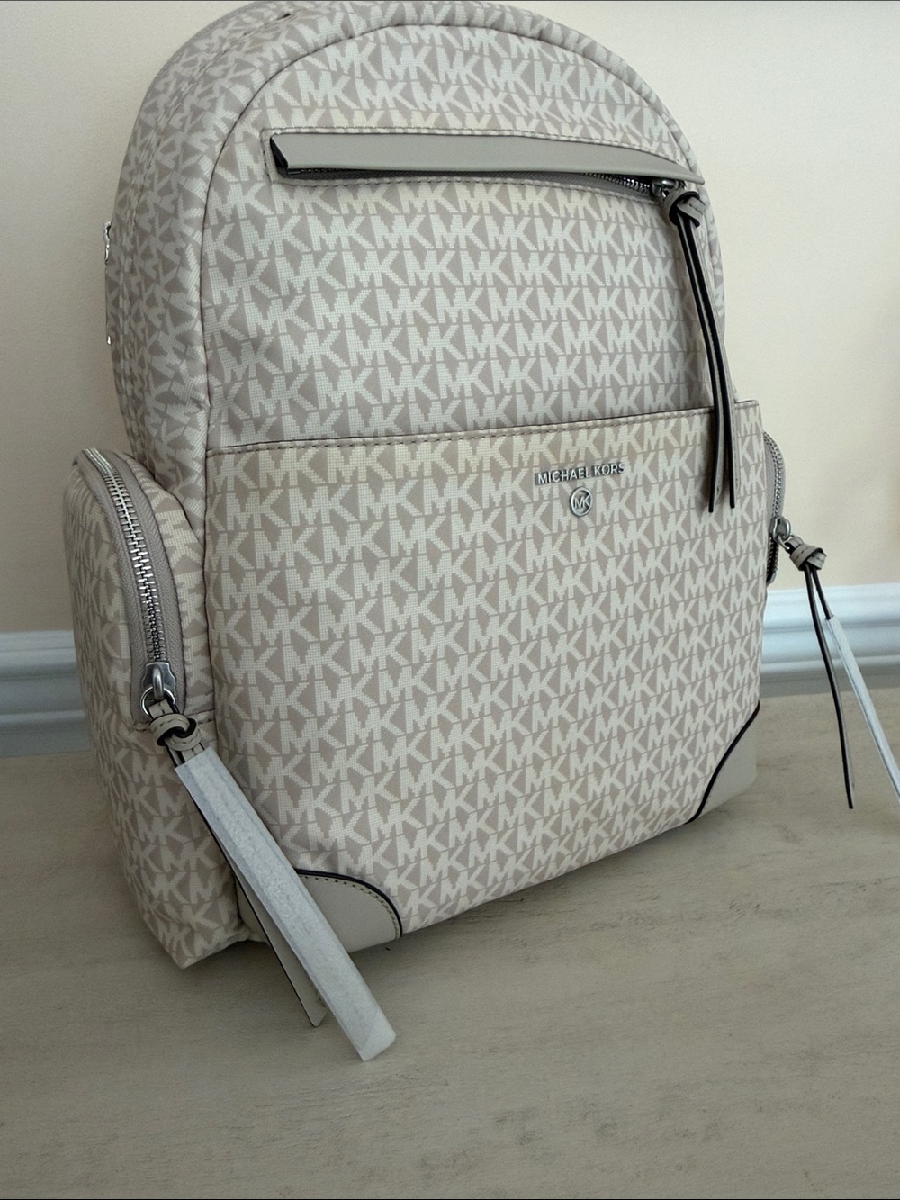 Michael Kors Beige MK woven Logo Backpack with Silver Accents - Picture 7 of 12